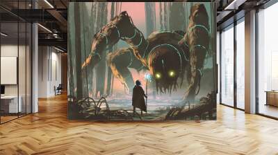 young wizard with magic staff and giant creature looking at each other in the forest, digital art st Wall mural