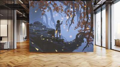 young woman collecting the glowing leaves that falling from the trees, digital art style, illustration painting Wall mural