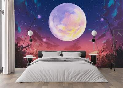 young woman with dog at beautiful night with huge moon above,illustration painting Wall mural