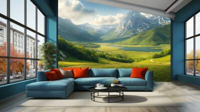 Idyllic mountainous landscape with lush valley Wall mural