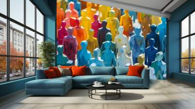 Multicolored Wooden Figures Symbolizing Diversity and Community Wall mural