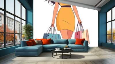 Young woman in a stylish yellow dress joyfully shopping with colorful bags in hand Wall mural