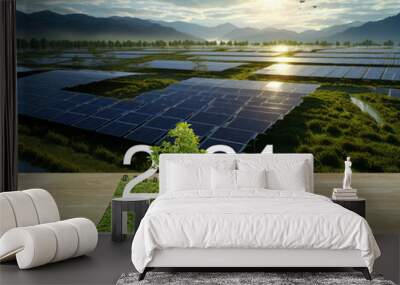 2024 white text with growing tree on green grass on open book on wooden table over solar photovoltaics farm located on mountain and sunrise, Happy new year 2024 green ecology and saving energy concept Wall mural