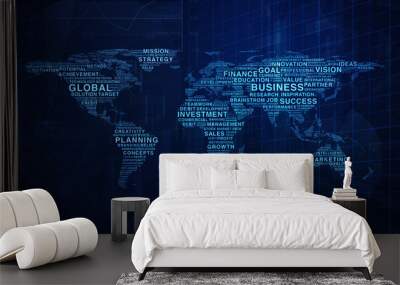 Business words world map shape on graph and city tower backgroun Wall mural