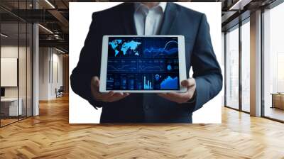 businessman hands holding digital tablet computer with digital world map, data charts and stats on screen isolated on white background, Futuristic user interface technology online concept Wall mural