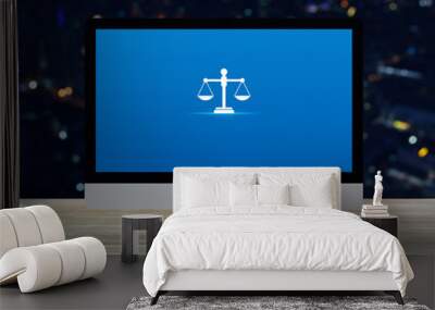 Law flat icon on desktop modern computer monitor screen on wooden table over blur colorful night light city tower and skyscraper, Business legal service online concept Wall mural