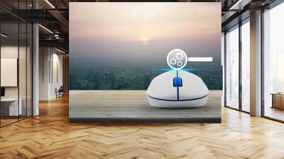 seo flat icon with wireless computer mouse on wooden table over modern city tower and skyscraper at sunset, vintage style, Search engine optimization concept Wall mural