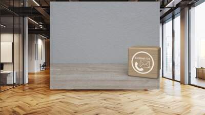 Telephone and mail icon button on wood block cube on wooden table over white wall background, Business contact us online concept Wall mural