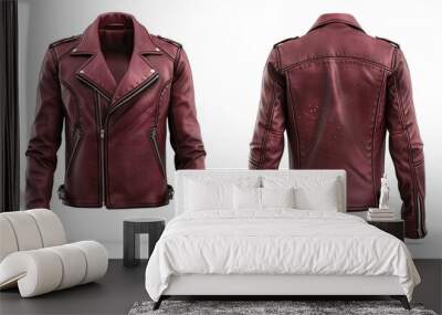 A highly detailed, realistic photograph of a dark maroon calfskin leather fitted biker jacket  Wall mural