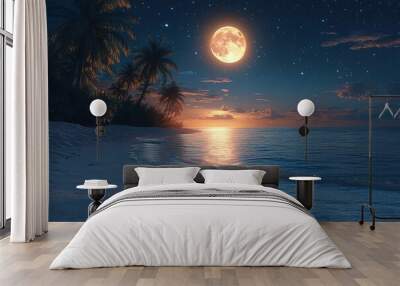 A beautiful beach scene with a large moon and a small sun in the sky Wall mural