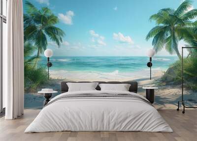 A beautiful beach scene with palm trees and a clear blue ocean Wall mural