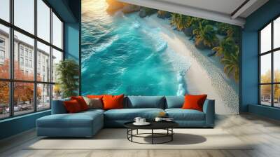 A beautiful beach with palm trees and a blue ocean Wall mural