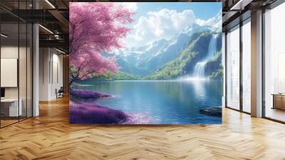 A beautiful mountain landscape with a waterfall and a tree with pink flowers Wall mural