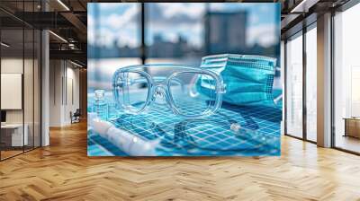 A blue and clear pair of safety glasses sits on a blue table next to a blue surg Wall mural