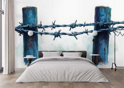 A blue fence with barbed wire on it Wall mural