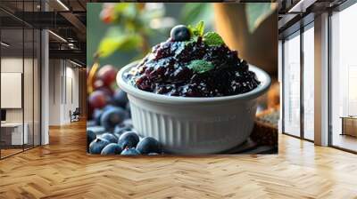 A bowl of blueberry jam with a sprig of mint on top Wall mural