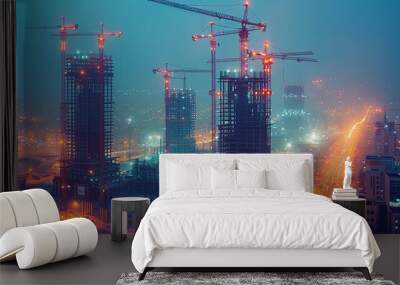 A city skyline at night with cranes and construction. Wall mural