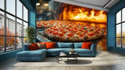 A close-up of the inside of an oven with pizza in it, Wall mural