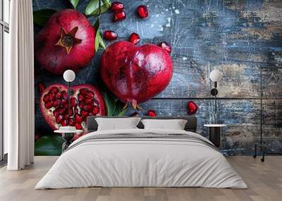 A close up of two red pomegranates with a heart shape cut out of one of them Wall mural