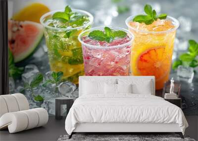 A collection of three colorful summer drinks in clear plastic cups, arranged on an ice-covered white surface Wall mural