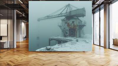 A crane is sitting on a dock in the snow Wall mural