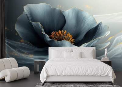 A flower with gold accents is floating in a blue and white background Wall mural