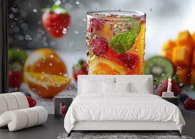 A glass of fruit juice with many layers, with splashes and orange and green fruits inside the cup, white background Wall mural