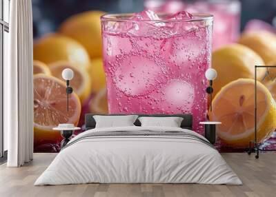 A glass of pink lemonade with ice cubes and a few lemons on the table Wall mural