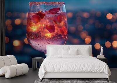 A glass of pink liquid with rose petals floating in it Wall mural