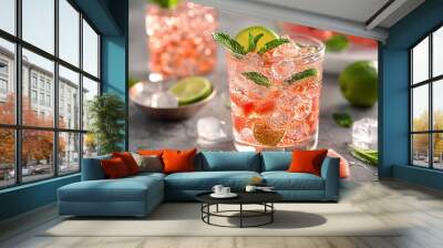 A glass of pink watermelon juice with a lime garnish Wall mural