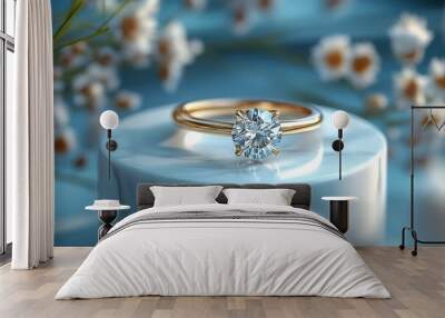 A gold and diamond ring is on a marble pedestal Wall mural