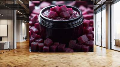 A jar of purple candy is sitting on a table Wall mural