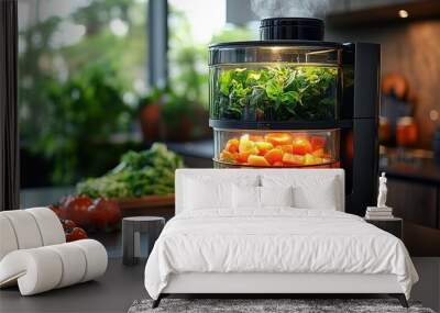 A kitchen counter with a food processor and a variety of vegetables Wall mural