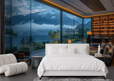 A large, open living room with a view of mountains Wall mural