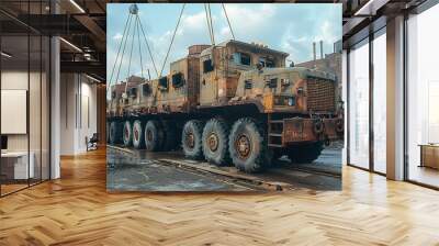 A large, rusty truck is being lifted by a crane Wall mural