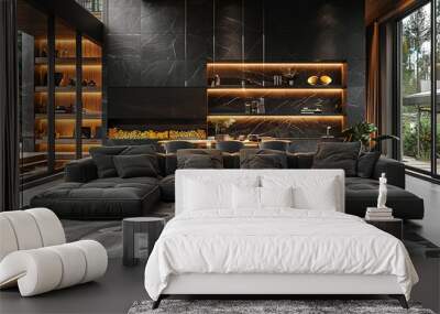 A large black couch is the centerpiece of a modern living room Wall mural