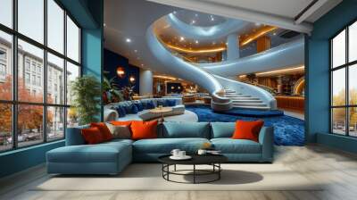 A large hotel lobby with a spiral staircase and a blue carpet Wall mural