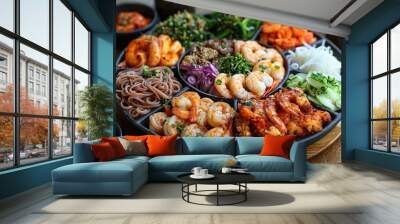 A large plate of food with shrimp and vegetables Wall mural