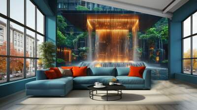 A large waterfall is lit up with orange lights, creating a serene Wall mural