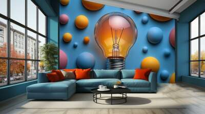 A light bulb is lit up in a room with many colorful balls Wall mural