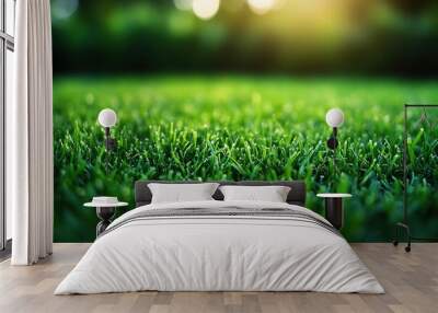 A lush green field with a bright sun shining on it Wall mural