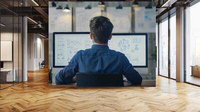 A man is sitting at a desk with two computer monitors in front of him Wall mural