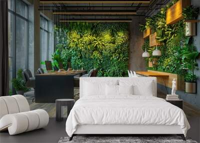 A modern office space with a large wall of plants and a wood floor Wall mural