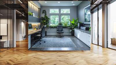 A modern office with a black chair and a black desk Wall mural