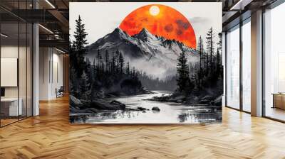 A mountain range with a red sun in the sky Wall mural