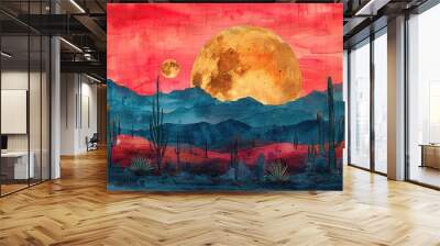 A painting of a desert landscape with a large moon and a small moon in the sky Wall mural