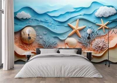 A paper cutout of a beach scene with a wave and a starfish Wall mural