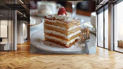 A piece of cream cake sits on the table, with white plates and coffee cups in the background. Wall mural