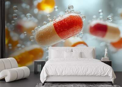 A pill is shown in the air with bubbles surrounding it Wall mural