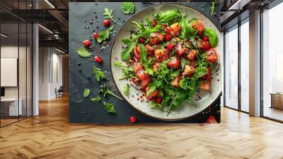 A plate of food with a variety of vegetables and fruits, including tomatoes Wall mural